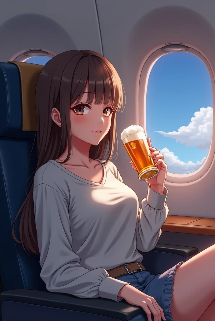 anime girl sitting on a plane with a beer in her hand relaxing after a hard day, a-1 pictures, 1girl, solo, long hair, blush, smile, blue eyes, brown hair, holding, sitting, jacket, braid, sky, barefoot, cloud, hood, cup, military, hoodie, bird, holding cup, alcohol, mug, green jacket, aircraft, airplane, beer, beer mug, (hair swept bangs:1.3), (long brown hair:1.3), anime style, from girls frontline, fine details. girls frontline, girls frontline universe, girls frontline style, girls frontline, girls frontline cg, 2 0 2 2 anime style, 2022 anime style, pixiv contest winner, concept art 2022,
