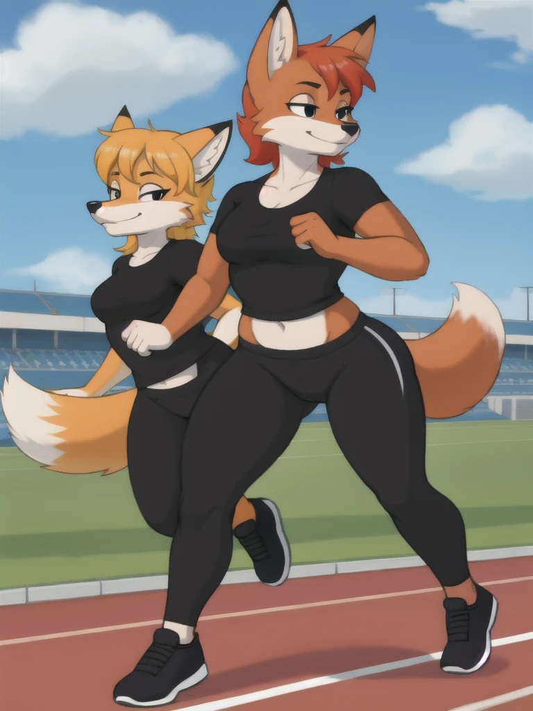 Furry, fox, female, black shirt, black leggings, shoes, running track, friends, full body