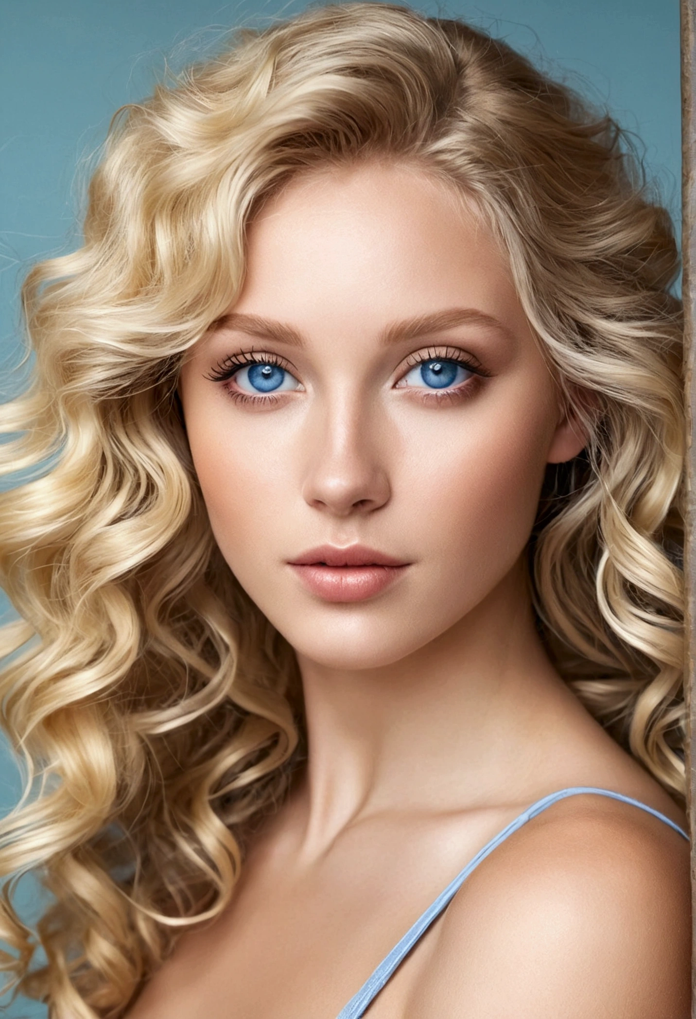 Beautiful blonde with blue eyes and wavy hair 