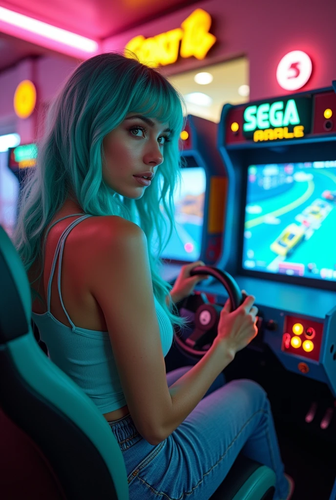 Femme au cheveux turquoise devant un simulateur voiture SEGA