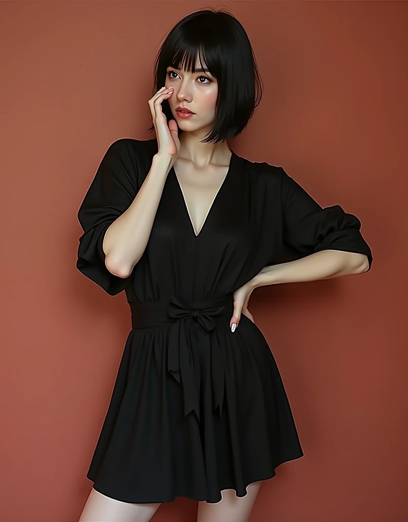 RAW photo, best quality, masterpiece, photorealistic, Polish girl, 20 years old, black hair, Light grey eyes, short bob cut, hair in 7 thirds, hair over one ear, Symmetrical eyes, pale skin, Big Breasts, rip gloss, Gel Nails, Various poses, Accessories, various poses, smiles