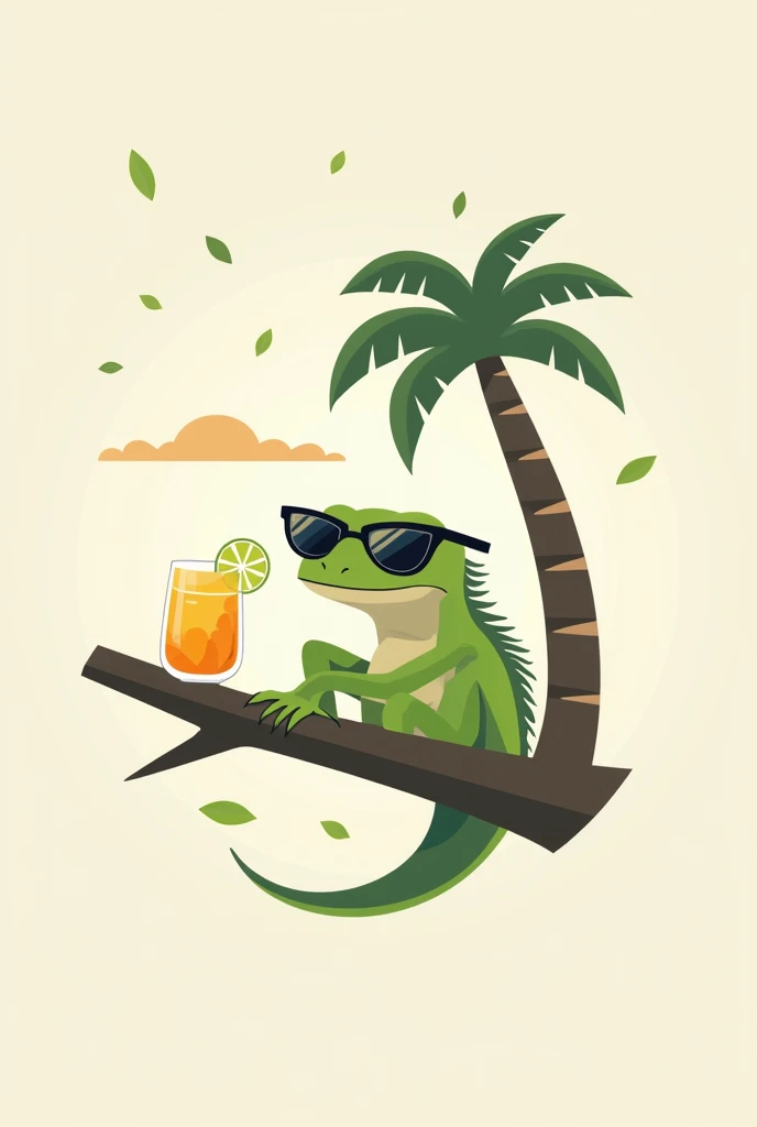 a lizard relaxing having a refreshing drink and sunbathing leaning on a tree branch with sunglasses, designed logo style in orborous format