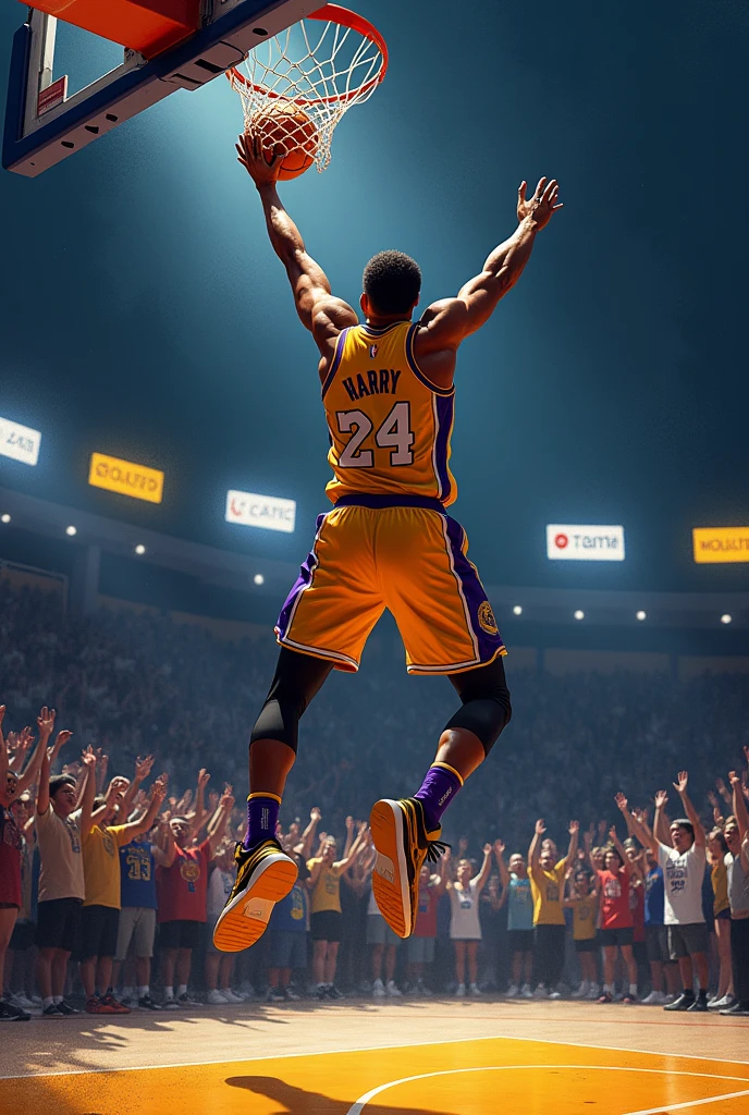 One basketball player with Lakers jersey with 24 number at back of jersey with harry name on jersey dunking and croud is shouting and night basketball court
