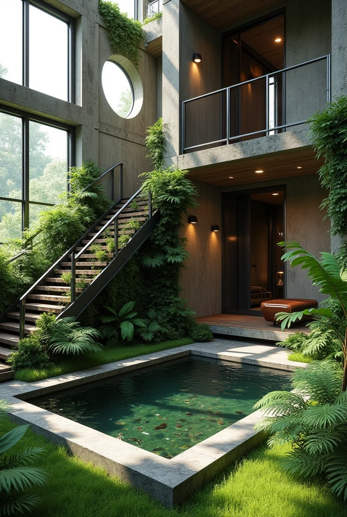 make a brutalist cozy small fish pond and an industrial stairs leading to the bedroom
full of lush, hanging vines and moss
make a lot of different shape
big industrial window
make some windows circle
add fern
grass floor