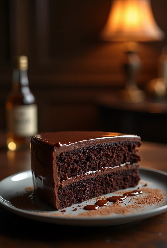 Chocolate cinematic movie scene, bolo de chocolate, darkness background, quality photo, Wet texture, penthouse, studio photo, slice. shallow depth of field, vignettes, highly detailed, high budget, bokeh, cinemascope, temperamental, epic, comely, film grain, grainy.