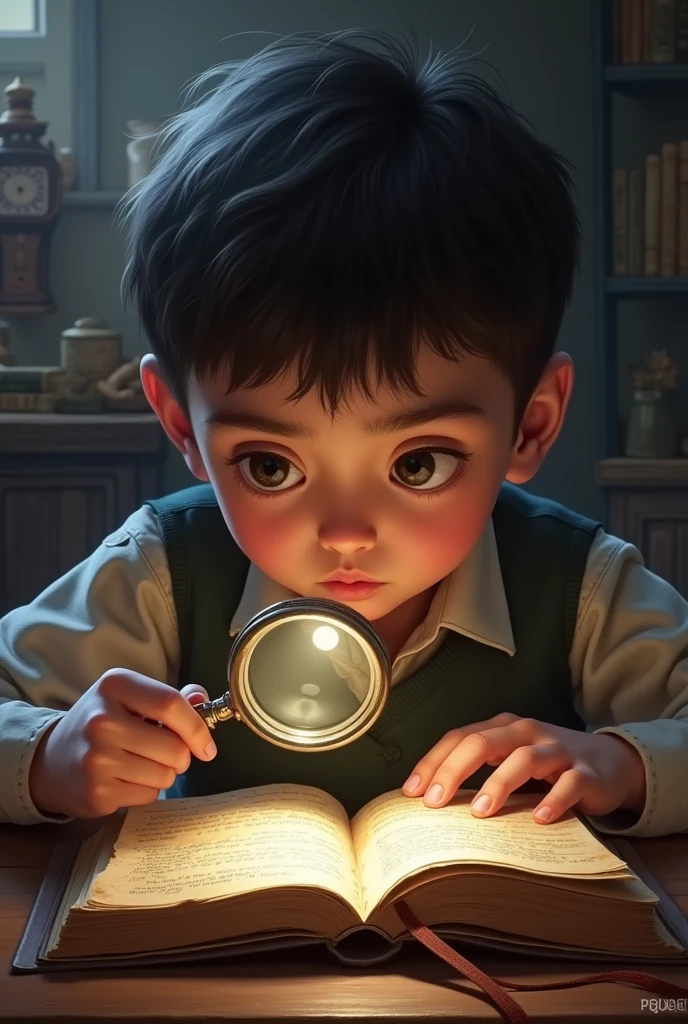 A boy reading the diary, looking puzzled, with a magnifying glass in hand