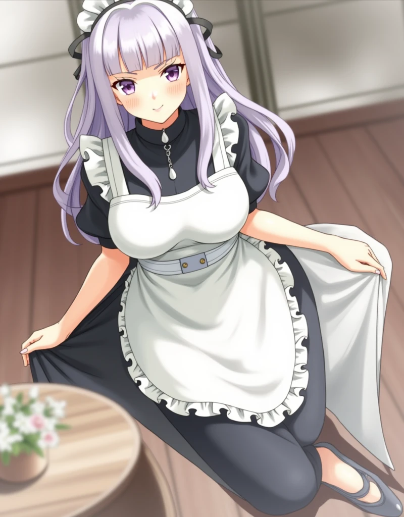 (Anime Koji Model),(Woman alone),((Solo portrait of a woman)),(Woman1),(slim body),(curvy),(slender body),(the slim waist),(the full hips),(long purple hair and purple eyes),((dark skin color:1.5)),(height 1.79),(young),(beautiful beauty),(voluptuous body),(Wearing),+,(\a classic maid uniform that combines the contrast between black and white. The uniform must consist of: A white blouse with high collars and short sleeves, made from a soft, shiny silk. A black apron adjustable around the waist, with a white belt and a button in the center. A white apron that covers the bottom of the blouse, with a black sash around the waist. A pair of black low-heeled shoes with a white sole. A white hat with a black ribbon around the crown. A black belt with a white button in the center.)/