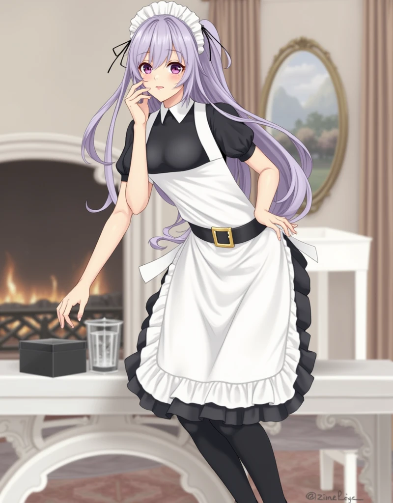 (Anime Koji Model),(Woman alone),((Solo portrait of a woman)),(Woman1),(slim body),(curvy),(slender body),(the slim waist),(the full hips),(long purple hair and purple eyes),((dark skin color:1.5)),(height 1.79),(young),(beautiful beauty),(voluptuous body),(Wearing),+,(\a classic maid uniform that combines the contrast between black and white. The uniform must consist of: A white blouse with high collars and short sleeves, made from a soft, shiny silk. A black apron adjustable around the waist, with a white belt and a button in the center. A white apron that covers the bottom of the blouse, with a black sash around the waist. A pair of black low-heeled shoes with a white sole. A white hat with a black ribbon around the crown. A black belt with a white button in the center.)/