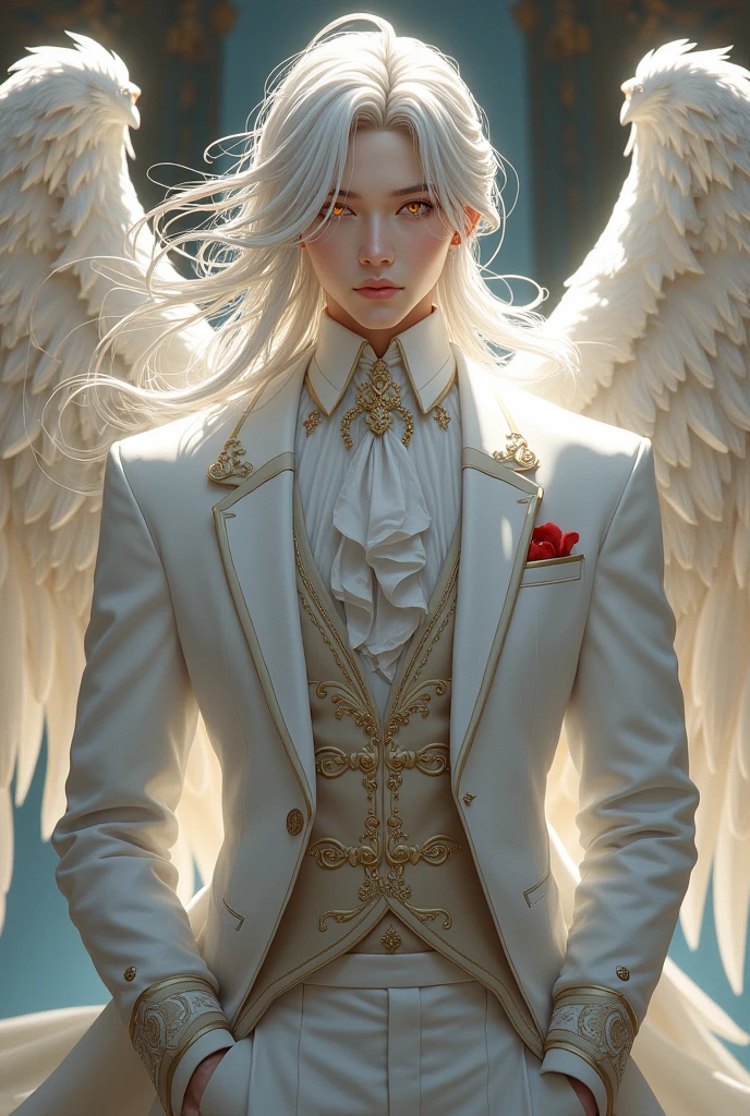 Sesshomaru Taisho a handsome king with the appearance of an angelic yet formidable being , with golden eyes and silver hair, She is wearing a white Victorian suit
