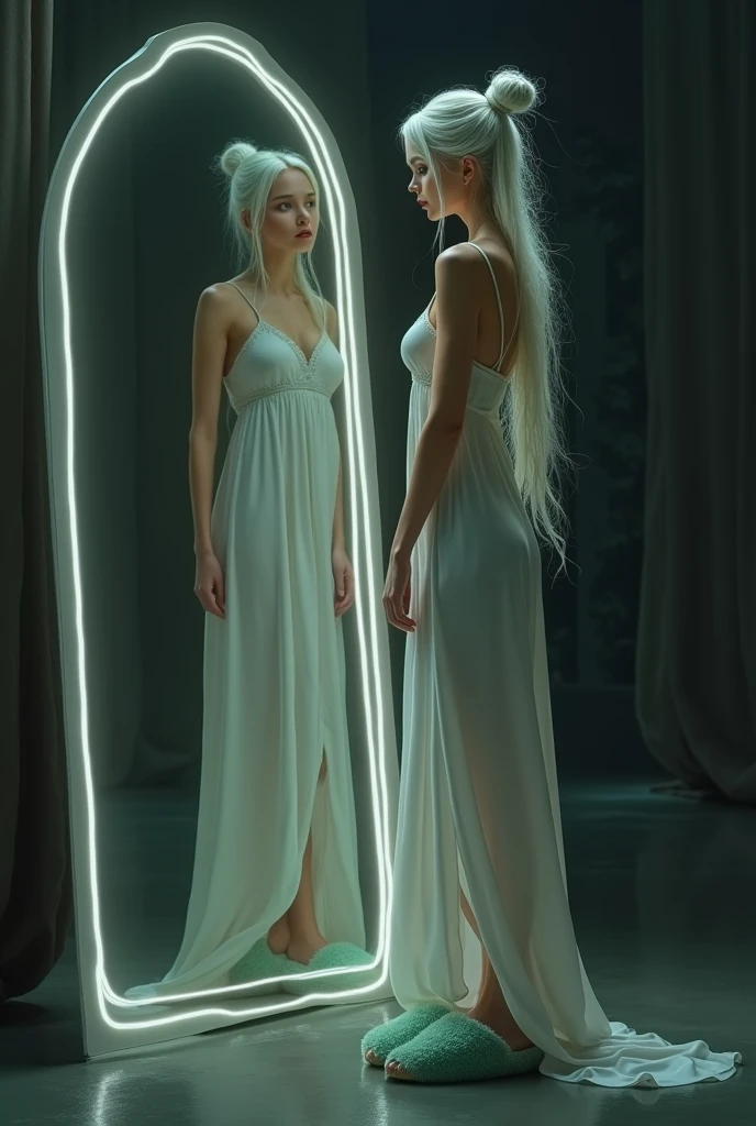 A woman with long white hair tied up,She will wear a white nightgown and a cute, furry green slipper,she will be showing her whole body in the mirror,It will be night and she will look in the mirror