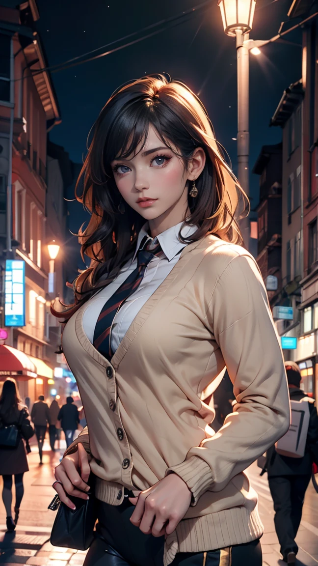 (8K, RAW Photos, masterpiece:1.3), (Realistic, photo-Realistic:1.37), (night), (View your viewers:1.331), (Gray Hair), Pause, Tokyo Street, nightcityscape, Cyberpunk City, Soft Light, One girl, Very beautiful face, bust, Put your hands down, Random hairstyle, Random representation, Big eyes, Lower abdomen, (Short sleeve .JK_shirt), JK_style, (dark blue JK_skirt), (bow JK_tie), Mix 4., Highest quality、Sexy proportions、Sexy、erotic、