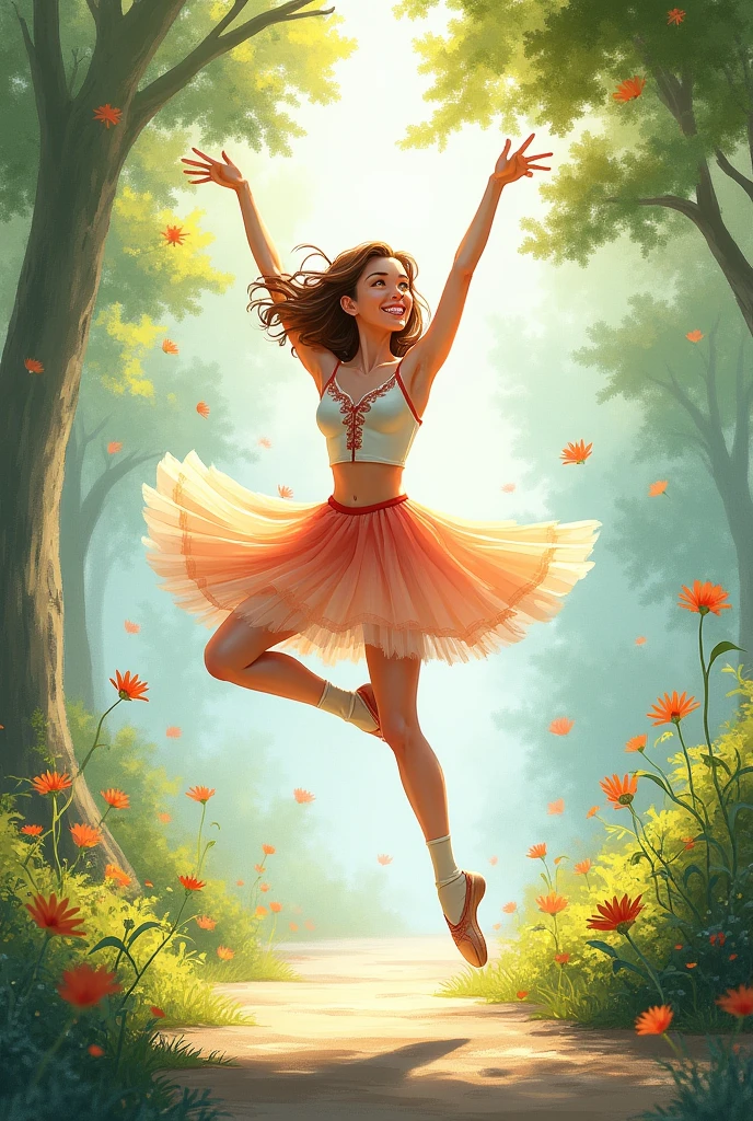 ballet dancer jumping outdoors, with nature, smiling, shoulder length light brown hair and colorful watercolor art