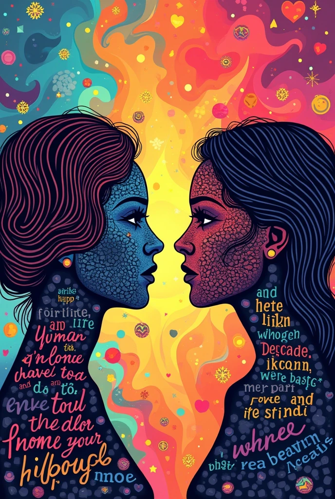 Poster on gender equality with vibrant colours and good thoughts written on the poster.The poster must show the equality between men and women.The men and women facing each other.