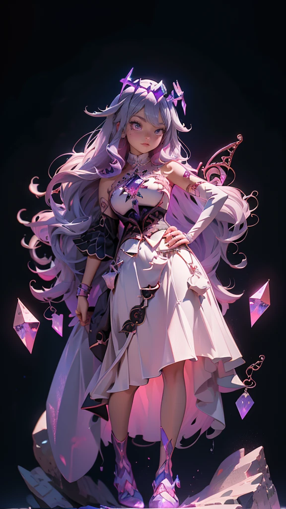 envision a 8k, highres, cinematic, beautiful full body design sheet of a short adult girl named Koseki Bijou with long pinkish gray hair, a jeweled crown, purple eyes, wearing a white dress with magic attachments and bright colorful crystal armor plates against a dark background