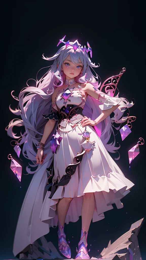 envision a 8k, highres, cinematic, beautiful full body design sheet of a short adult girl named Koseki Bijou with long pinkish gray hair, a jeweled crown, purple eyes, wearing a white dress with magic attachments and bright colorful crystal armor plates against a dark background