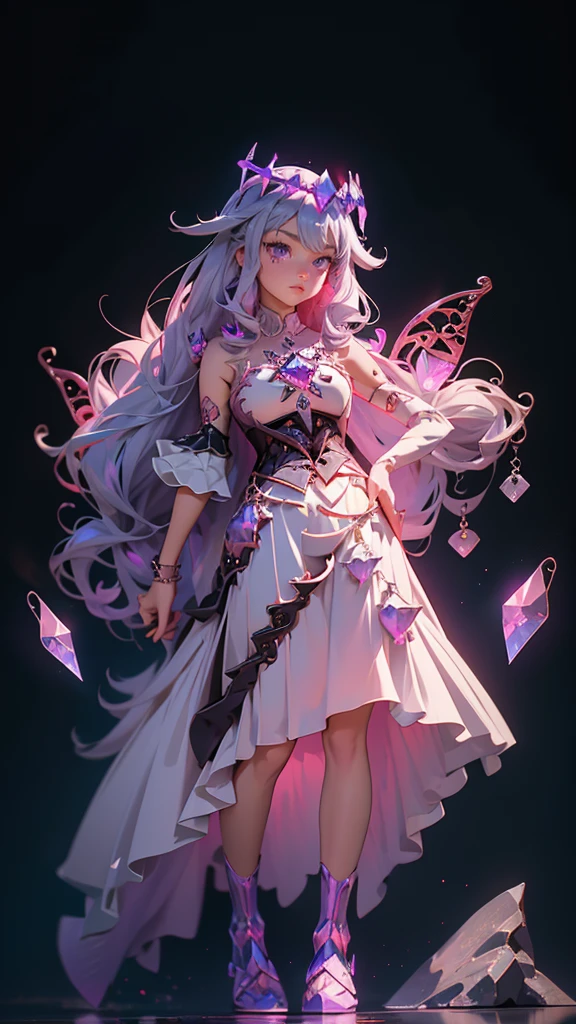 envision a 8k, highres, cinematic, beautiful full body design sheet of a short adult girl named Koseki Bijou with long pinkish gray hair, a jeweled crown, purple eyes, wearing a white dress with magic attachments and bright colorful crystal armor plates against a dark background