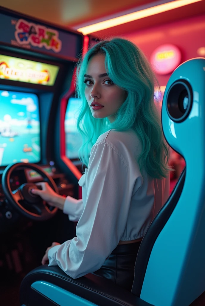 Femme au cheveux turquoise devant un simulateur voiture SEGA