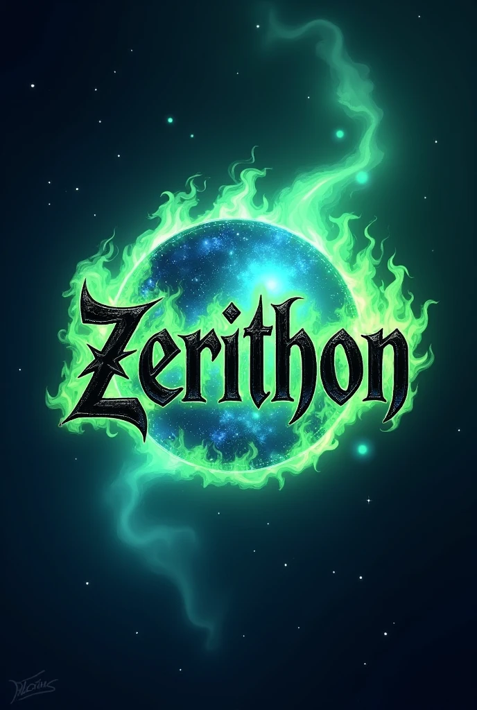 Generate a youtube "gaming channel logo"having the name as "Zerithon" with magical green and blue fire aura with a background upto the size of the namw in space