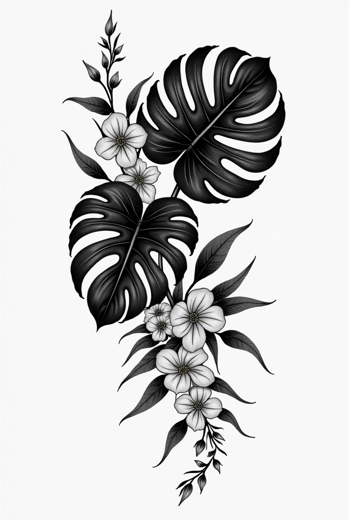 Monstera plant with jasmine flowers
black and white tattoo
