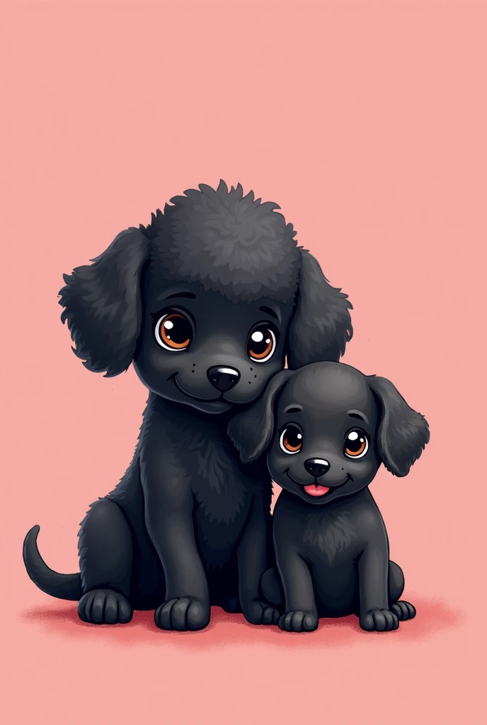 create a computer wallpaper with a pink background and a drawing of a black pinscher puppy named janu and a black furry poodle puppy named megue, the poodle is bigger than the pinscher