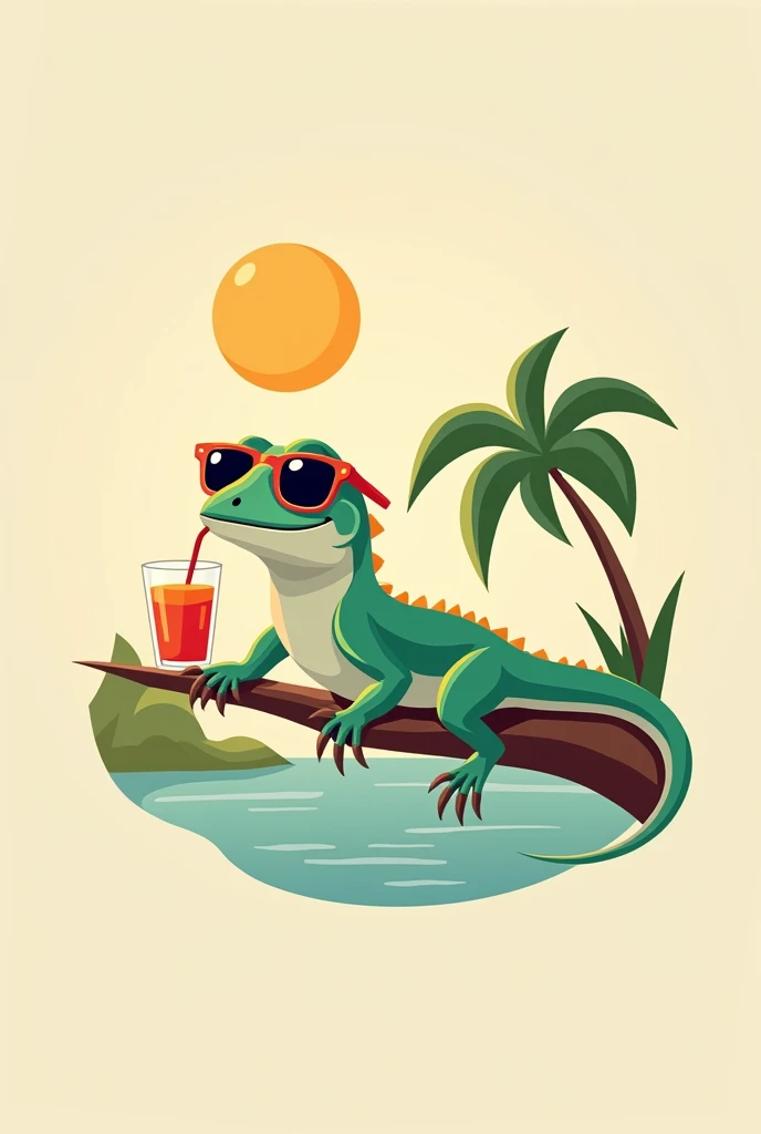 a lizard relaxing having a refreshing drink and sunbathing leaning on a tree branch with sunglasses, designed logo style in orborous format