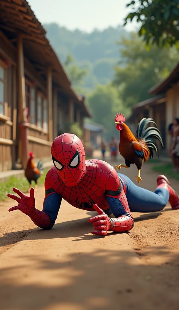 A highly realistic and humorous scene set in an Indonesian village. Spiderman, dressed in his iconic red and blue suit, has just fallen to the ground while trying to catch a lively, escaping rooster. The rooster, flapping its wings in a panic, is just out of reach, sprinting away with feathers flying. Spiderman is sprawled on the dirt path, looking surprised and slightly embarrassed, with one hand outstretched towards the rooster. The background features traditional village houses made of wood and bamboo, with a few curious villagers watching the scene and laughing. The atmosphere is lively and comedic, capturing the unexpected chaos of the moment, highly detailed, no blurring, perfectfingers.