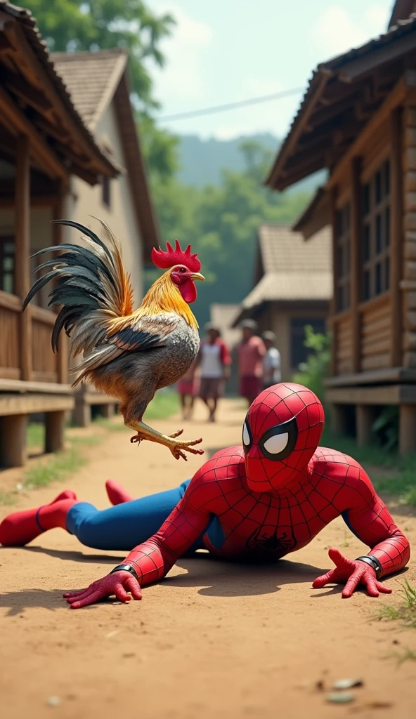 A highly realistic and humorous scene set in an Indonesian village. Spiderman, dressed in his iconic red and blue suit, has just fallen to the ground while trying to catch a lively, escaping rooster. The rooster, flapping its wings in a panic, is just out of reach, sprinting away with feathers flying. Spiderman is sprawled on the dirt path, looking surprised and slightly embarrassed, with one hand outstretched towards the rooster. The background features traditional village houses made of wood and bamboo, with a few curious villagers watching the scene and laughing. The atmosphere is lively and comedic, capturing the unexpected chaos of the moment, highly detailed, no blurring, perfectfingers.