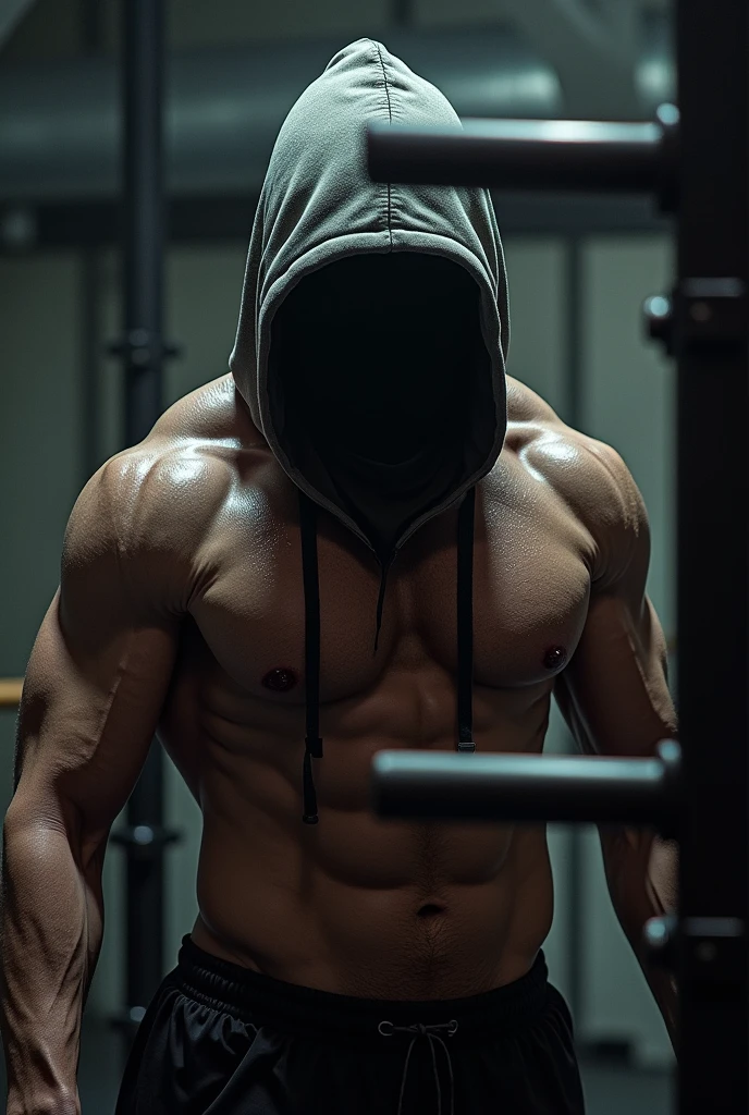 Functional training with a hood without showing the face but aggressive