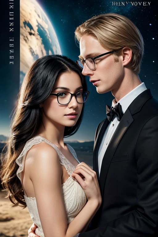 Romance book cover, with the name Flow of time silhouette of a young couple Tall blond boy, wears glasses girl has long black hair and she wears glasses Background with universe depicting time