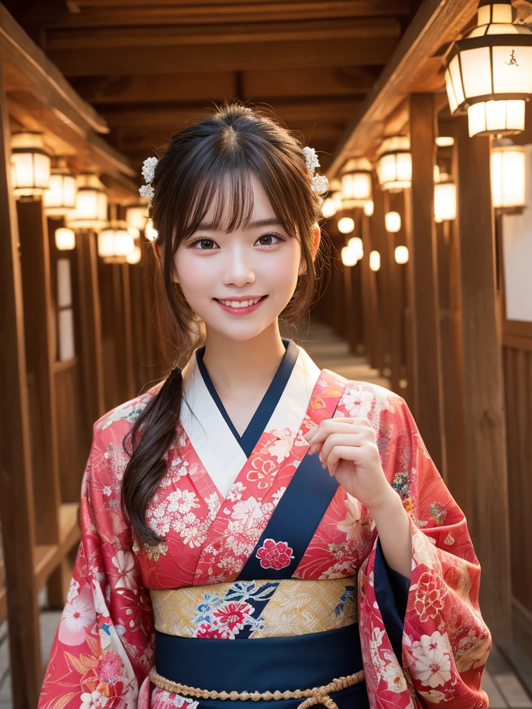 1girl, solo, highres, best_quality, masterpiece, detailed_background, intricate_details, beautiful, nara, kasuga_taisha, lanterns, shrine, traditional_clothes, kimono, serene, smile, looking_at_viewer, dynamic_pose, natural_pose, candid, happy