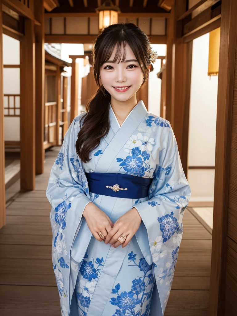 1girl, solo, highres, best_quality, masterpiece, detailed_background, intricate_details, beautiful, nara, kasuga_taisha, lanterns, shrine, traditional_clothes, kimono, serene, smile, looking_at_viewer, dynamic_pose, natural_pose, candid, happy