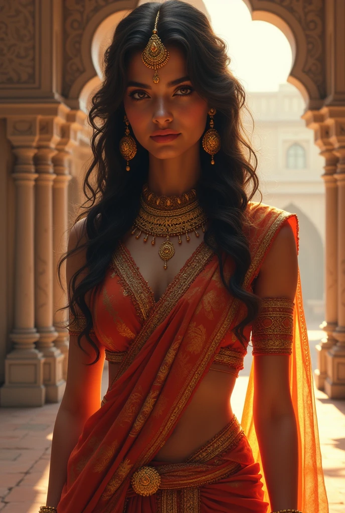 best quality,highres,realistic:1.37)india's most beautiful lady,digital art wonders,princesscore,realistic historical fiction,charming detailed eyes and lips,fierce expression,historical attire,richly embroidered clothing,gold jewelry,dark wavy hair cascading down her back,flowing colorful silk saree,ornate palace in the background,historical architecture,detailed hand gestures,light amber candlelight,soft shadows and highlights,delicate facial features,meticulous attention to detail,subtle nuances of emotion,depth and richness in colors,expressive eyes that convey a sense of longing and strength,royal elegance and regal pose,graceful and confident stance,traditional henna patterns on her hands and feet,dusky complexion that glows in the warm light,realism with a touch of fantasy,impressive artistry,digital brushstrokes,soft and dreamlike ambiance,ethereal beauty,rich cultural heritage,indian independence day and folklore blended with contemporary digital techniques,masterpiece painting,pristine skin complexion,gorgeous traditional makeup,ornamental hair accessories,vibrant colors with a touch of darkness,dark white and light amber color palette,evocative and captivating art that tells a story,attention to historical accuracy while adding a touch of imagination,detailed background with architectural elements and intricate designs,deep emotional connection with the viewer.,big breasts, earrings