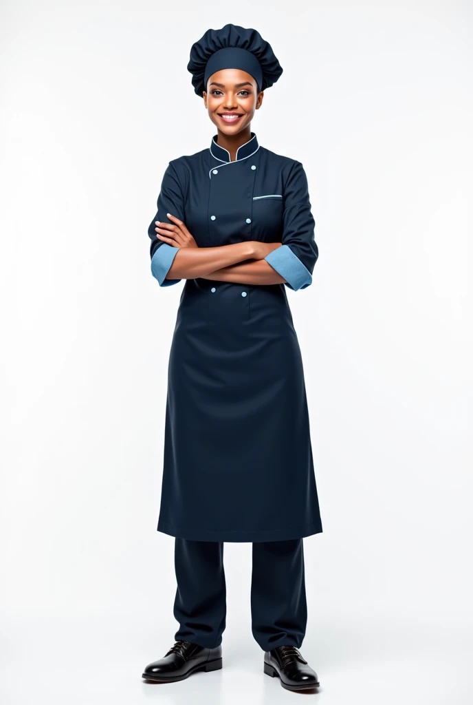 A full-length image of a pastry chef, appearing from head to toe. A full-length pastry chef, wearing chef's clothing, Full-length image, Tem is wearing the traditional pastry chef's headdress, woman with realistic skin, Brazilian Woman, 30 years old, Beautiful, Elegant, wearing a traditional chef's dolman in dark blue with light blue details. She is smiling and standing with a welcoming posture, looking directly at the camera. The image should capture your entire figure from head to toe."
White background