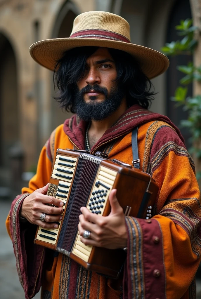 A Bahian man in a medieval era, in the northeast of Bahia, The man, has candango costumes, the northeastern hat, and a fringe covering one of his eyes, he brings with him an accordion, he has a look on his face of determination, put a random line so it can be identified by that