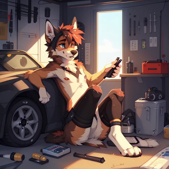solo，garage，Auto repair，toolbox,femboy fox，fox girl，bulge，stirrup legwear, ((by keihound, by reysi)), by Zackary911, by hyattlen, by fumiko, by fluff-kevlar, Furry, Anthro,