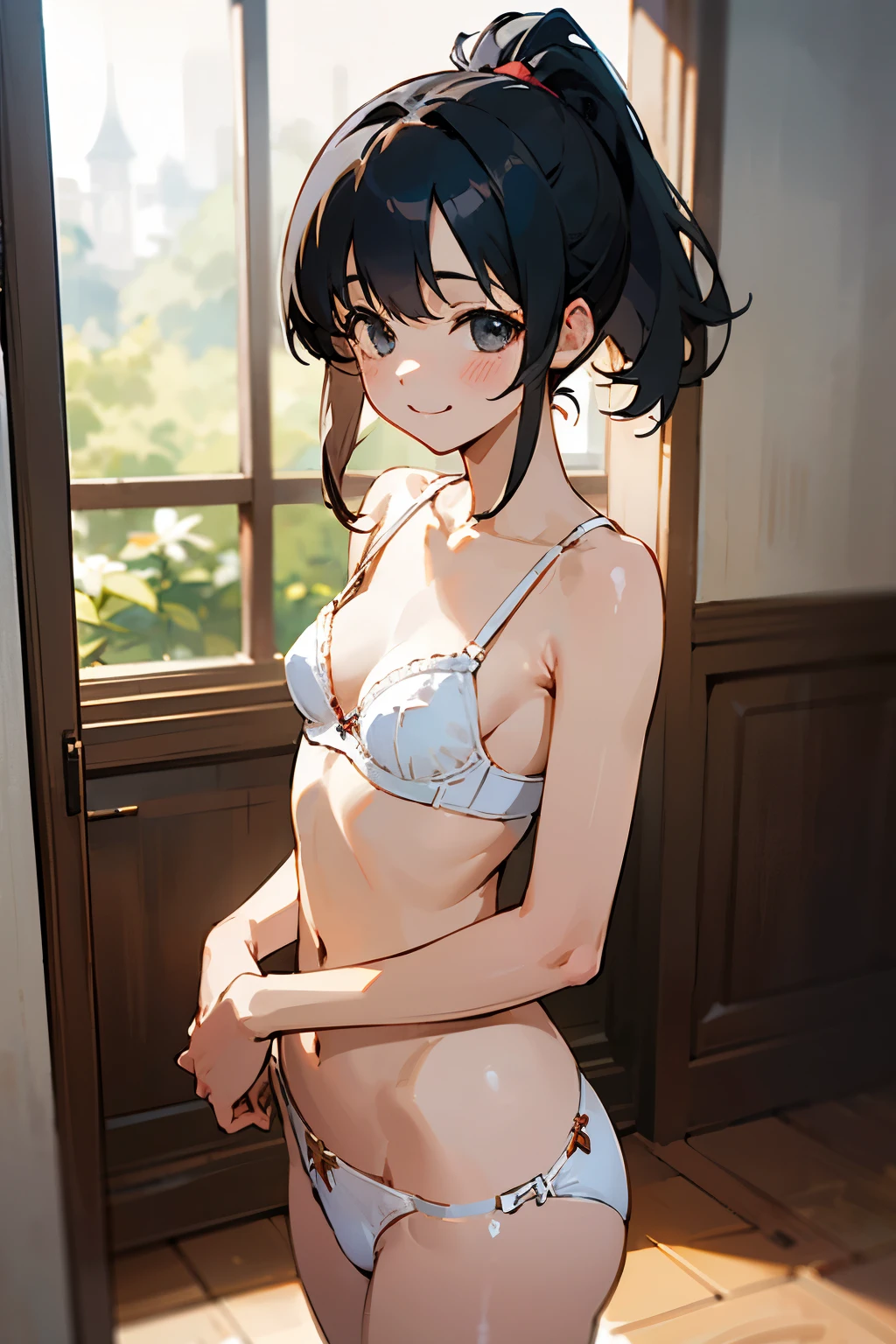 NSFW、In the best quality、age girl standing in a room。In high resolution、Beautiful details、Quiet atmosphere。Black hair ponytail、Cute Smile.。Small breasts、Cute white bra、Wearing cute white panties。