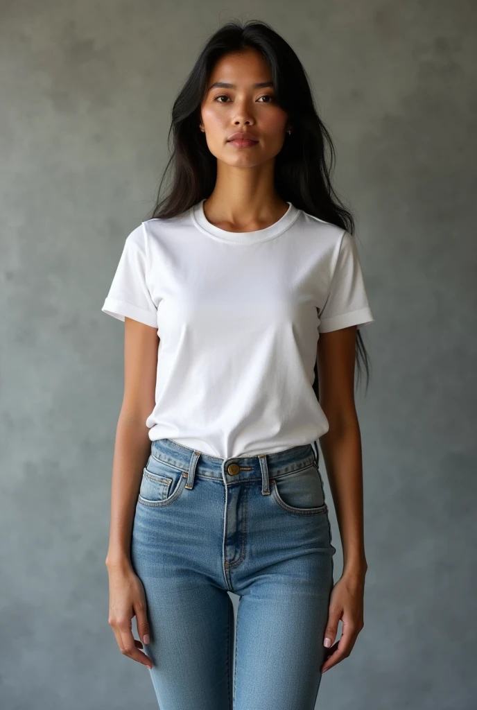 beautiful latin woman,  standing straight facing forward,with white t-shirt, denim jeans pants, on a greyish background, cotton t-shirt texture, fitted t-shirt, round neck, striped tights. Medium camera shot.