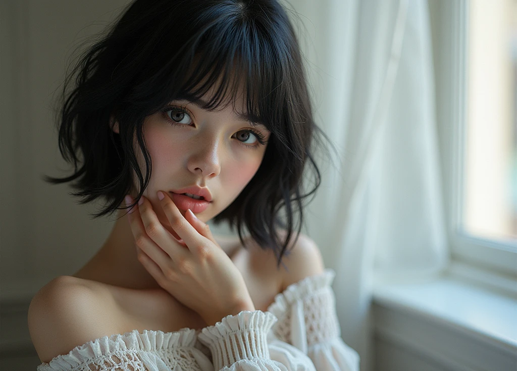 RAW photo, best quality, masterpiece, photorealistic, Polish girl, 20 years old, black hair, Light grey eyes, short bob cut, hair in 7 thirds, hair over one ear, Symmetrical eyes, pale skin, Big Breasts, rip gloss, Gel Nails, Various poses, Accessories, various poses, 