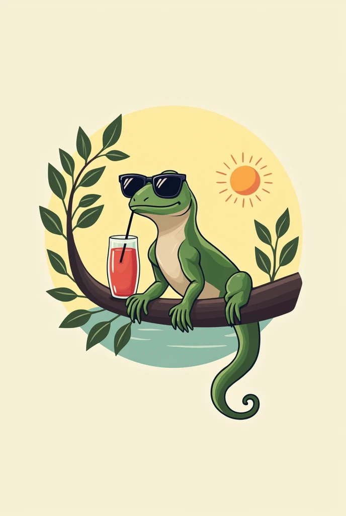 a lizard relaxing having a refreshing drink and sunbathing leaning on a tree branch with sunglasses, designed logo style in orborous format