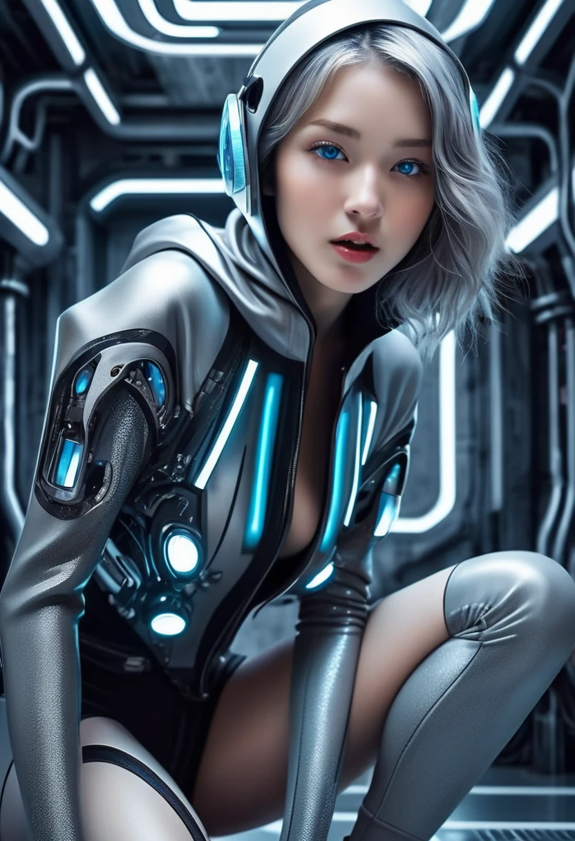 nsfw, masterpiece, Best Quality, hyper Realistic, A mysterious and sophisticated beautiful young gravure Japanese woman with blue eyes wears futuristic and sexy fashion art. sitting focus breasts,, from below, Detailed clothing butt, woman is climbing at a wide angle, with her full body in frame. large Butt, sexy large breasts, slim waist, Cyber punk taste fashion, Her outfit includes BLACK over sized Surface hoodie sweat, nothing shorts, adding a minimalist beauty. She accessorizes with futuristic accessories and technical sneakers. Her demeanor exudes harmony and striking simplicity, accentuating her curves and digging sensuously into her skin, hyper small head and face, wide and big Duck mouth, half open mouth, perfectly aligned teeth, perfect beautiful wide teeth, Detailed eyes, light blue eyes, half open eyes, shiny Droopy eyes, gray hair, looking other, She is situated within the interior of a futuristic colony, with mist drifting and steam rising from concrete