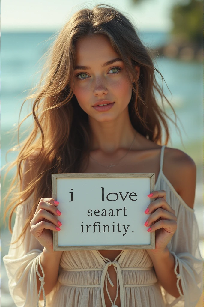 Beautiful girl with wavy long hair, bohemian dress, holding a white board with text "I Love Seaart Infinity" and showing it to the viewer