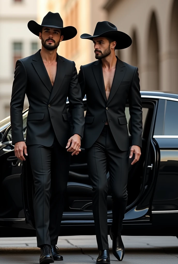 A handsome man in a black dress and a black cowboy hat getting off a car with his handsome cute gay boyfriend