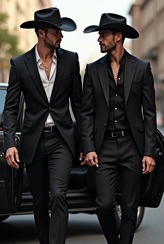 A handsome man in a black dress and a black cowboy hat getting off a car with his handsome cute gay boyfriend