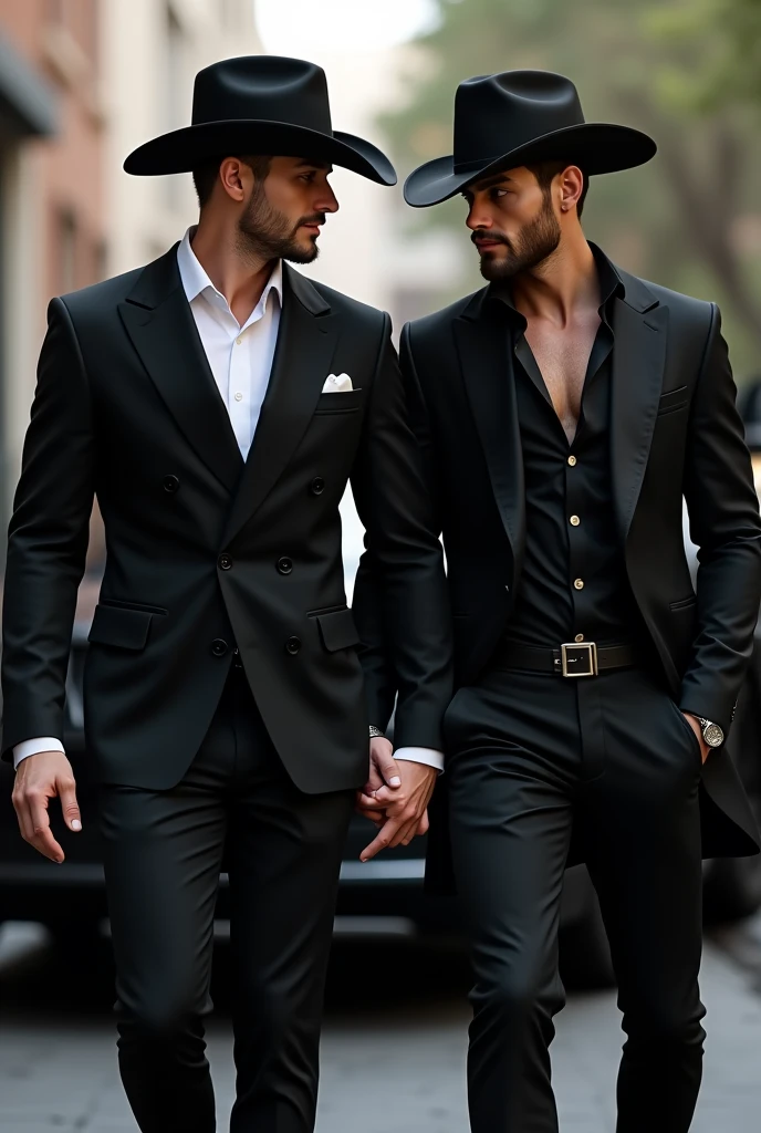 A handsome man in a black dress and a black cowboy hat getting off a car with his handsome cute gay boyfriend