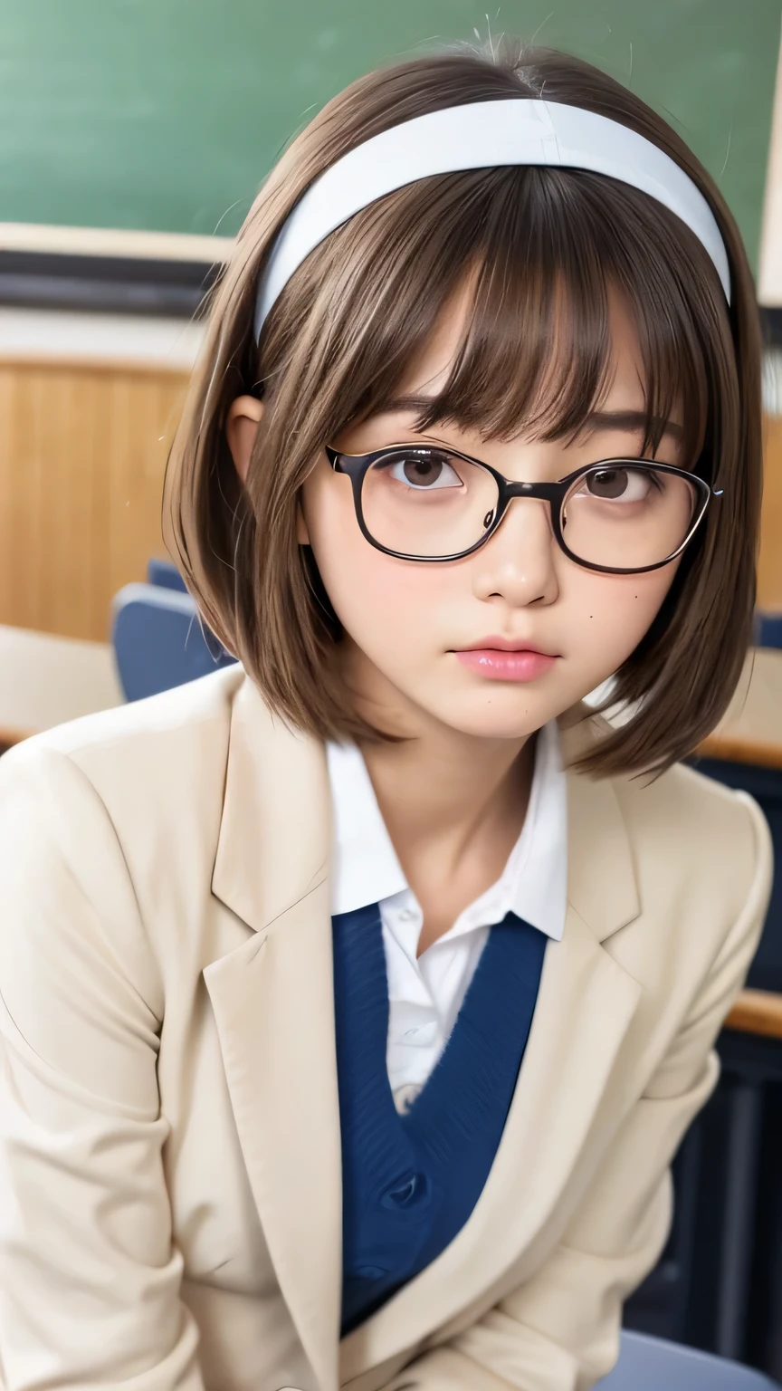 Highest quality、Realistic、、Japanese、zoom、cute、classroom、Grey Eyes、Light brown hair、Bob Hair、Off-white blazer、White blouse、ribbon、Blue Check Pleated Skirt、Face close-up、thin、Small breasts、Pouting、freckles、Glasses、head band