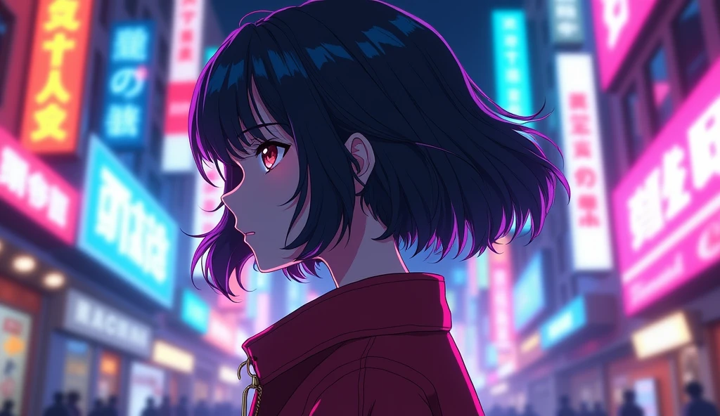 anime風の女性キャラクターのカラフルなプロフィール写真. anime「My Favorite 」has characteristics that are clearly different from. The setting is a futuristic city lit up by neon lights. The environment is stimulating and adventurous. The camera settings are、A digital camera with a low ISO setting. This lens is a medium aperture zoom lens.. キャラクターデザインは日本のイラストレーターとanimeーターにインスピレーションを受けた, Photographed by Makoto Shinkai, Your Name。Director of