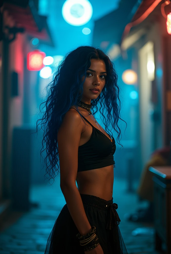 Malayali, curly hair, in skirt, Indian woman in sleeveless choli long skirt, city life, richest woman, (Kerala, Malayali), Indian, editorial photograph of a 30 year old woman), (highly detailed face:1.4) (smile:0.7) (background inside dark, moody, private study:1.3) POV, by lee jeffries, Nikon d850, film stock photograph ,4 kodak portra 400 ,camera f1.6 lens ,rich colors, hyper realistic ,lifelike texture, dramatic lighting , cinestill 800, wavy hair, messy hair, short hair, mischievous smile, blue hair, white skin, blue eyes, bodybuilder, scarlet woman, Greek goddess, goddess of night, goddess of magic, astral plane, witchcraft, babalon, Lilith, Pombagira, red full moon, blue jacket