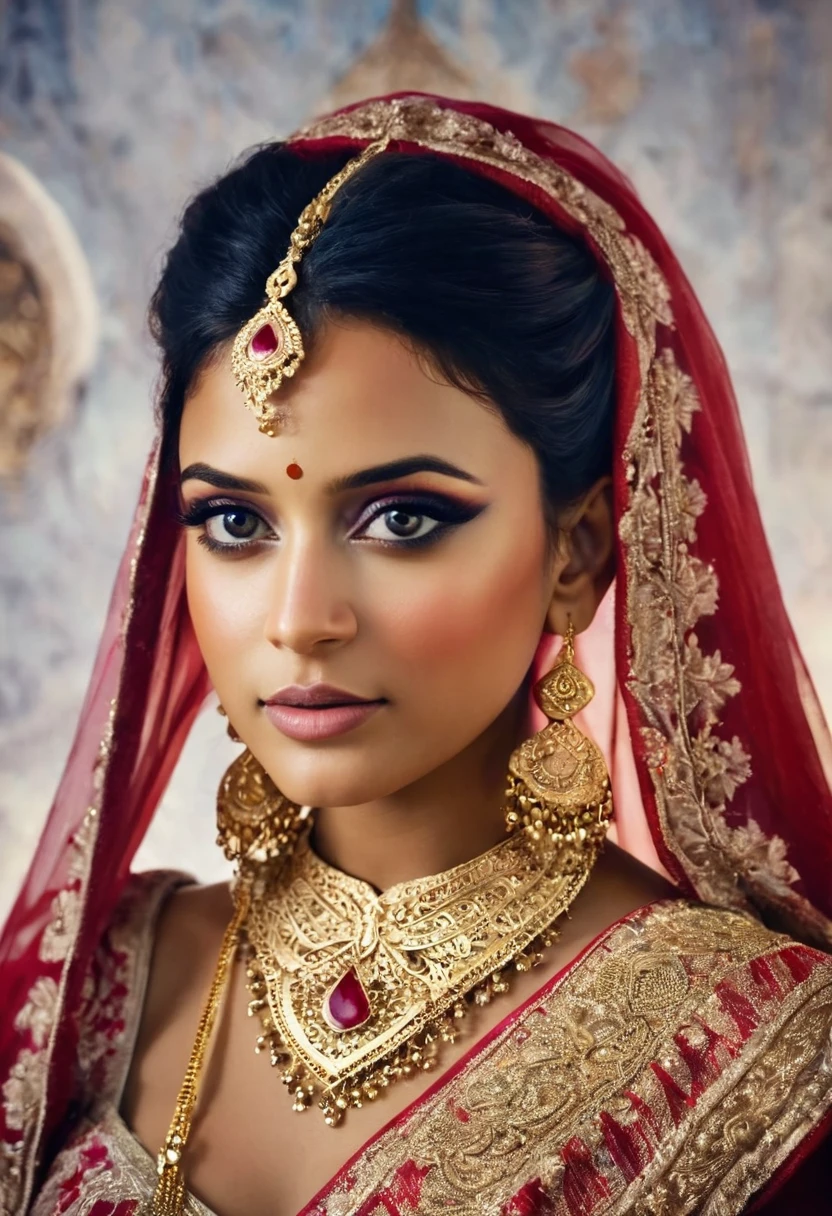 best quality,highres,realistic:1.37)india's most beautiful lady,digital art wonders,princesscore,realistic historical fiction,charming detailed eyes and lips,fierce expression,historical attire,richly embroidered clothing,gold jewelry,dark wavy hair cascading down her back,flowing colorful silk saree,ornate palace in the background,historical architecture,detailed hand gestures,light amber candlelight,soft shadows and highlights,delicate facial features,meticulous attention to detail,subtle nuances of emotion,depth and richness in colors,expressive eyes that convey a sense of longing and strength,royal elegance and regal pose,graceful and confident stance,traditional henna patterns on her hands and feet,dusky complexion that glows in the warm light,realism with a touch of fantasy,impressive artistry,digital brushstrokes,soft and dreamlike ambiance,ethereal beauty,rich cultural heritage,indian independence day and folklore blended with contemporary digital techniques,masterpiece painting,pristine skin complexion,gorgeous traditional makeup,ornamental hair accessories,vibrant colors with a touch of darkness,dark white and light amber color palette,evocative and captivating art that tells a story,attention to historical accuracy while adding a touch of imagination,detailed background with architectural elements and intricate designs,deep emotional connection with the viewer.,big breasts, earrings