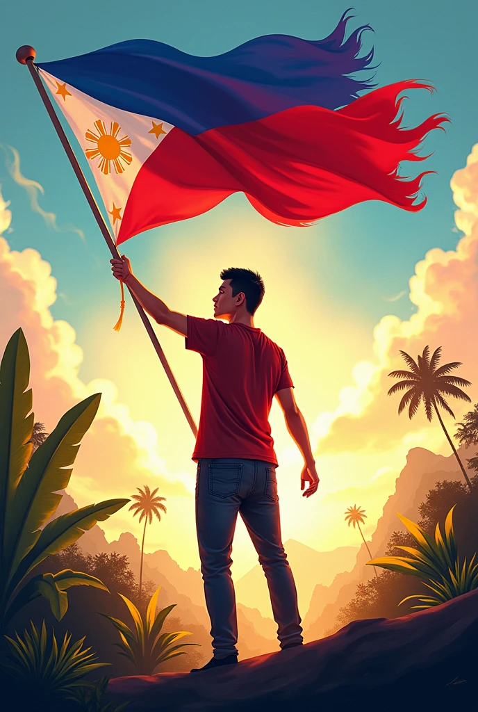 create a art in which a filipino waving a Philippine flag