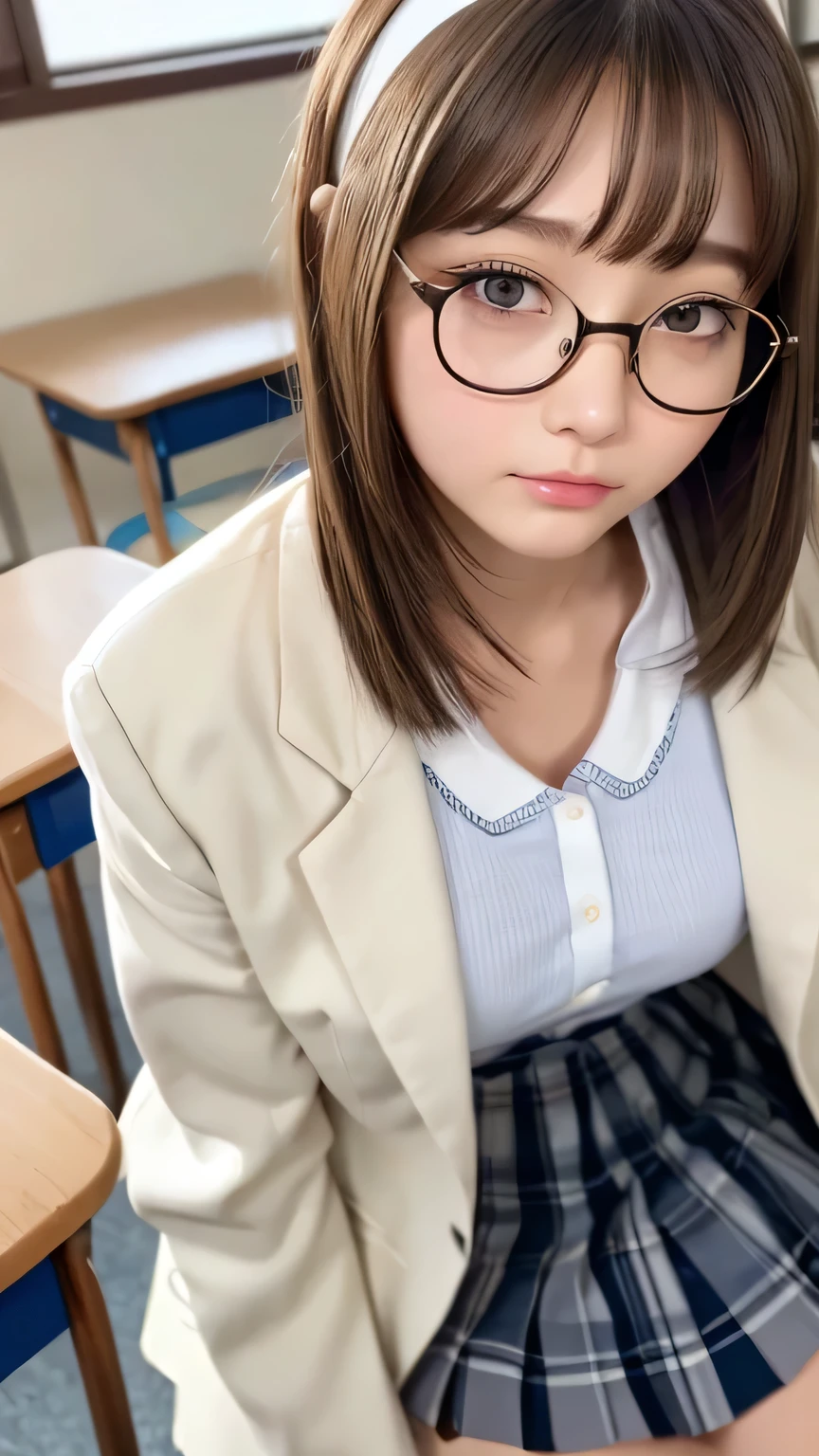 Highest quality、Realistic、、Japanese、zoom、cute、classroom、Grey Eyes、Light brown hair、Bob Hair、Off-white blazer、White blouse、ribbon、Blue Check Pleated Skirt、Face close-up、thin、Small breasts、Pouting、freckles、Glasses、head band